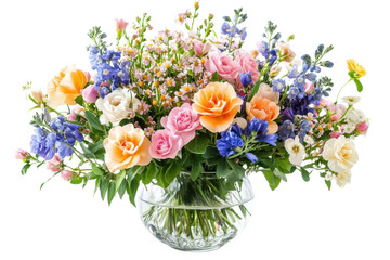 Fototapeta premium Vibrant Spring Bouquet: Delicate Blooms in a Vase, Isolated on White Background, Perfect for on transparent background