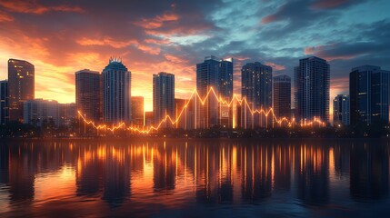 Fototapeta premium City Skyline with Financial Graph Overlay at Sunset