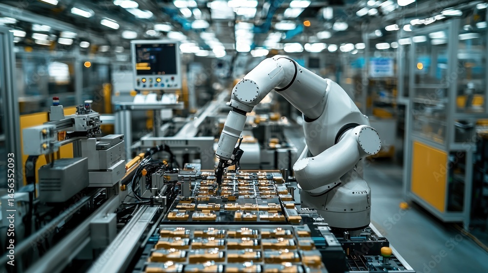 Poster robotic arm operates on a production line in a modern factory, showcasing advanced automation and in