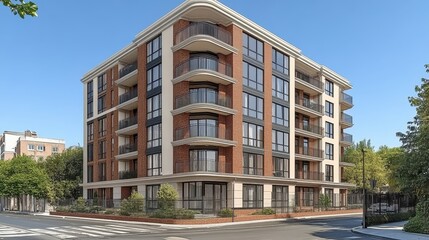 Obraz premium Modern apartment building facade with balconies against a clear 
