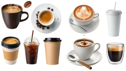 Set of realistic coffee drinks  including espresso, latte, cappuccino, iced coffee and takeaway cups, isolated on transparent background for design use