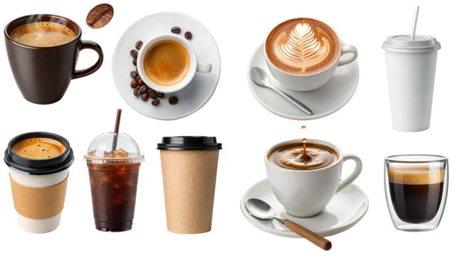 Set of realistic coffee drinks  including espresso, latte, cappuccino, iced coffee and takeaway cups, isolated on transparent background for design use