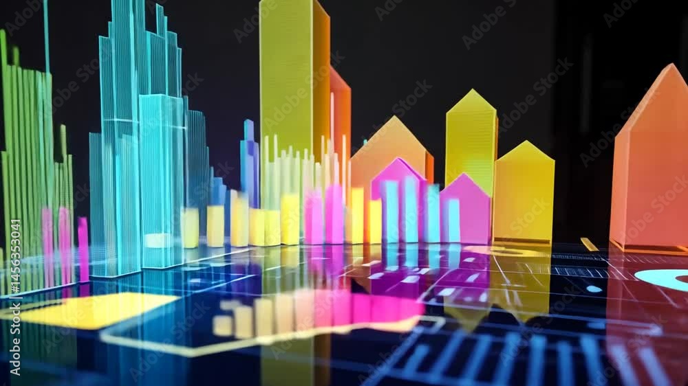 Poster financial data visualization with colorful 3d bar graphs for market analysis