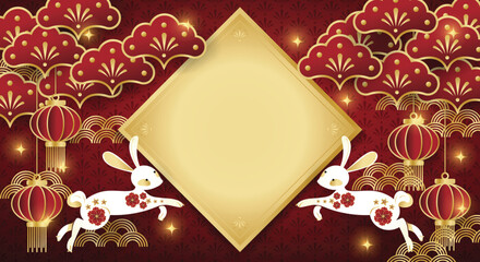 Chinese festival banner of rabbits with golden frame for your copy space on red pattern background with tree branches and lanterns. Design for Chinese New Year, Lunar new year, Mid-autumn festival.