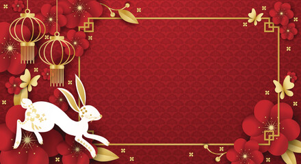 Chinese festival banner of a rabbit with golden frame for your copy space on red pattern background with flowers, lanterns and butterflies. For Chinese New Year, Lunar new year, Mid-autumn festival