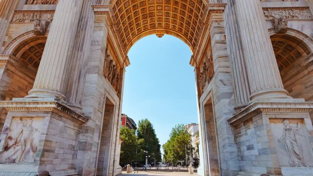 Arco della Pace features intricate Corinthian columns supporting a grand entablature along Corso Sempione, Milan, Lombardy, Italy