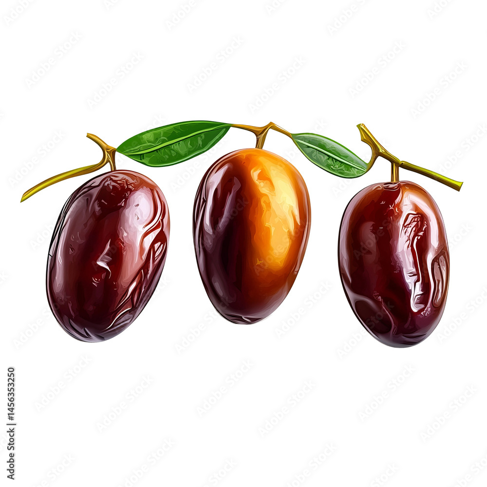 Poster three succulent dates resting on a delicate branch, ready to be savored. their rich, dark color and 