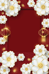 Chinese style festival banner of lanterns and white flowers on red pattern background and frame for your copy space. For Chinese New Year, Lunar new year, Mid-autumn festival.