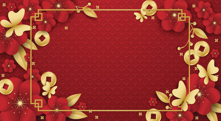 Chinese festival banner of red flowers with golden frame for your copy space on red pattern background with gold coins and butterflies. For Chinese New Year, Lunar new year, Mid-autumn festival.