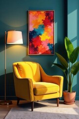 Velvet armchair, abstract art, floor lamp, potted plant, luxury, room