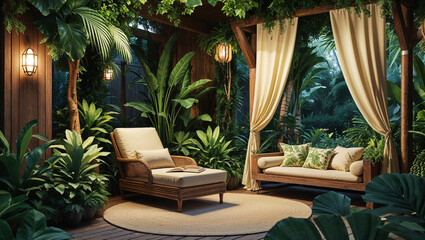 Fototapeta premium Luxurious outdoor living space with lush tropical plants and comfortable furniture arrangement