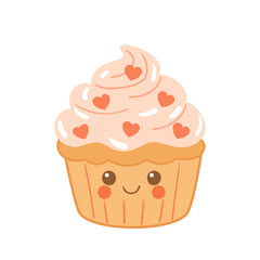 Cute cupcake with pink cream and hearts in flat style. Adorable cartoon cupcake with pink frosting and heart sprinkles. Smiling face in flat style. 