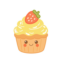 Cute strawberry cupcake in flat style with smiling face. Sweet cartoon cupcake with smiling face and strawberry on top. Yellow cream swirl in flat style. 