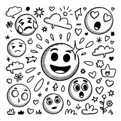 Happy Sun Doodle with Rainbows, Hearts, and Clouds