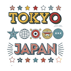  Tokyo Japan Typography with Stars and Globe Icons