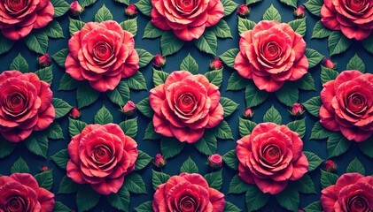 Intricate, repeating rose pattern in vibrant hues, repeat pattern, bloom, buds