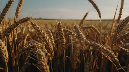 Close up view of a golden wheat field under a clear blue sky during a sunny day in the countryside