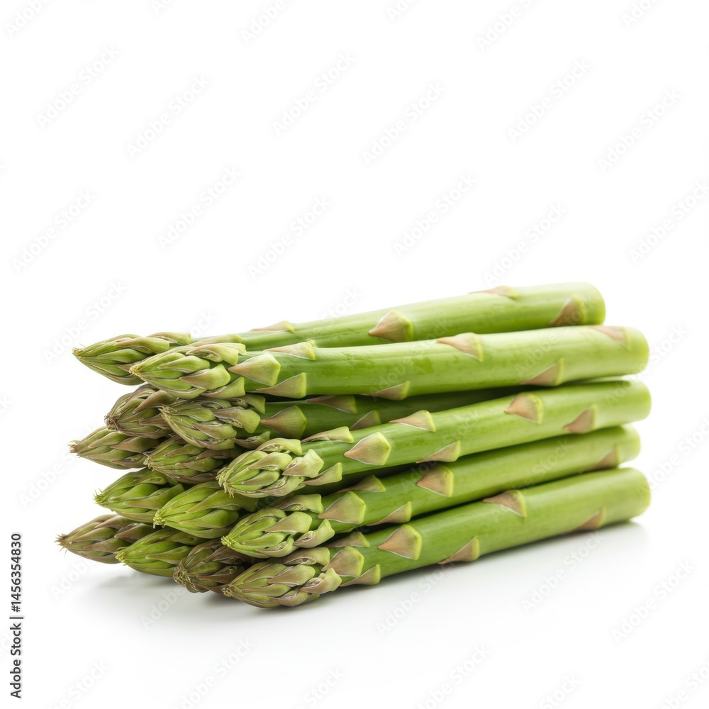 Poster a stack of fresh green asparagus spears neatly arranged on a white surface in a studio setting
