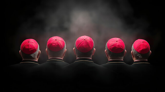 Cardinals gather in solemn unity, draped in black and red robes during conclave to vote for a new pope - copy space