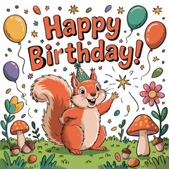 A cheerful birthday illustration featuring colorful gift boxes, balloons, and confetti with a 