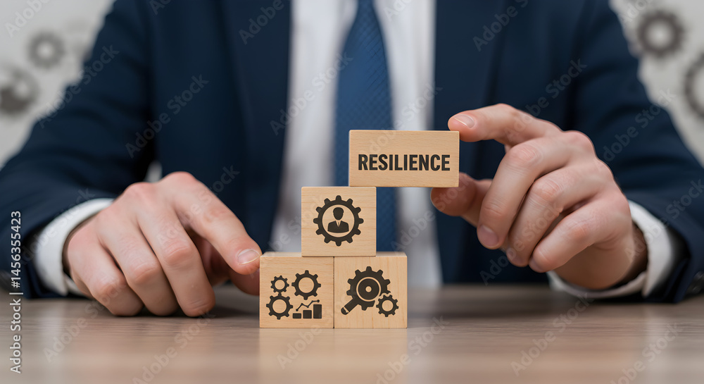 Poster businessman stacking wooden blocks with resilience and teamwork symbols in a professional setting