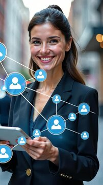 Businesswoman using tablet for networking and social media connections