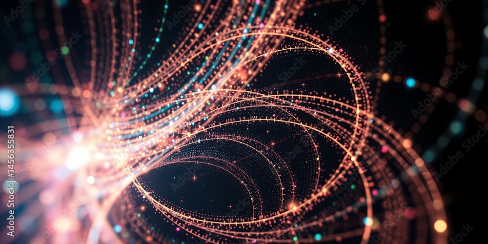 Poster abstract swirling glowing particles digital data network connection