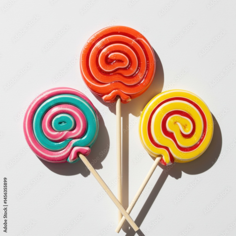Poster a colorful array of lollipops arranged in a row against a plain white background in a studio shot