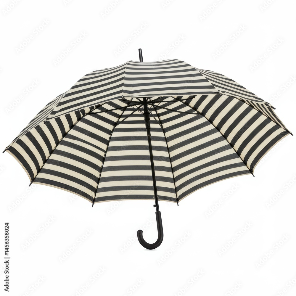 Poster isolated image of an open umbrella with black and white horizontal stripes on a white background