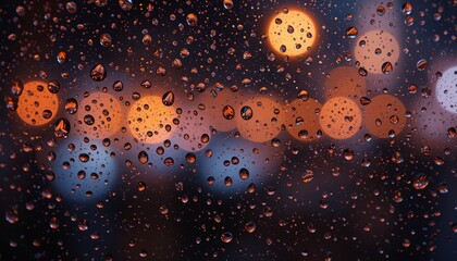 Close-Up of Rain Droplets on Windowpane with Warm, Blurred City Lights at Night