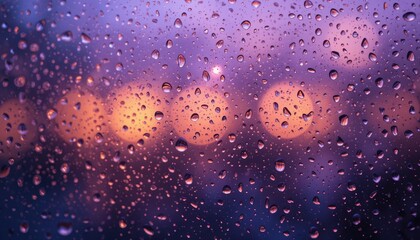 Close-Up of Rain Droplets on a Window with Soft Orange and Purple Bokeh Lights