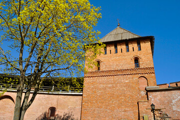 Veliky Novgorod Russia. Vladimir Tower of Novgorod Kremlin in Veliky Novgorod, Russia - spring...