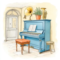 Blue Upright Piano in a Room with Brass Instruments and Soft Lighting