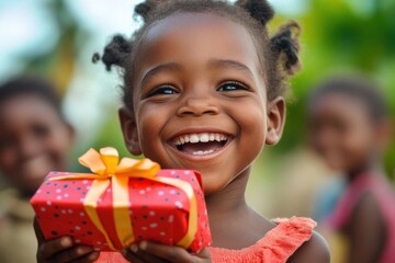Joyful African Child with Bright Eyes Holds a Gift Box in a Festive Scene