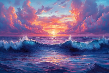 Fototapeta premium Vibrant Pink And Purple Sunset Over Ocean Waves