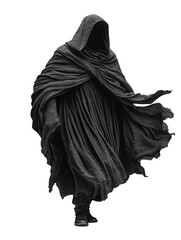 Naklejka premium A mysterious figure draped in dark, flowing fabric creates an eerie, dramatic atmosphere.
