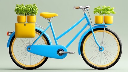 Blue Bicycle with Potted Herbs in Yellow Baskets