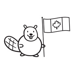 Beaver with flag of Canada. Outline illustration on white background.