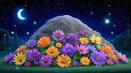 Colorful Flowers Adorn Hill Under Night Sky with Crescent Moon