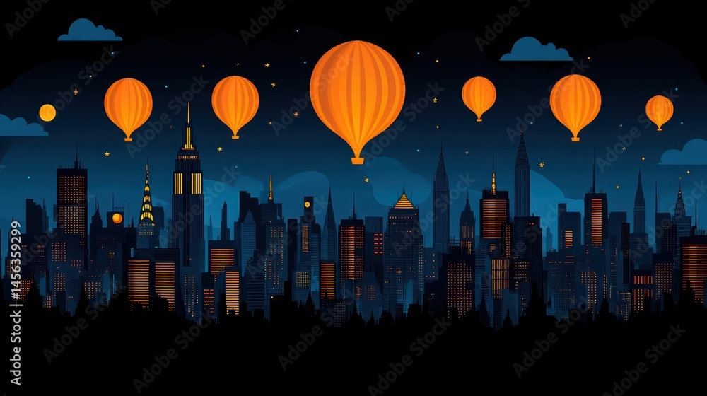 Poster pixelated cityscape at twilight with floating lanterns an 8-bit