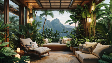 Fototapeta premium Luxurious tropical oasis lounge with mountain view and lush greenery in serene setting
