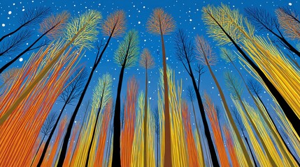 Colorful Stylized Trees at Night Under Starry Sky