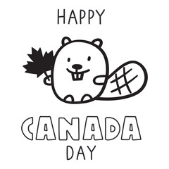 Happy Canada day. Cute beaver. Outline design. Illustration on white background.