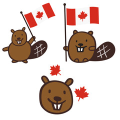 Set of cute little beavers with flags of Canada. Flat design. Vector hand drawn illustration on white background.