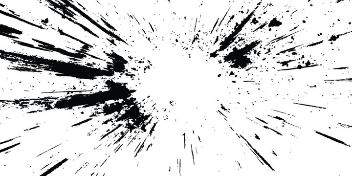 Abstract explosion, radial burst of ink splatter effect. Black ink splatter creates abstract background with dynamic energy. Dynamic charcoal burst explosion, isolated on transparent background. 