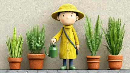 Cute Cartoon Child Watering Potted Plants