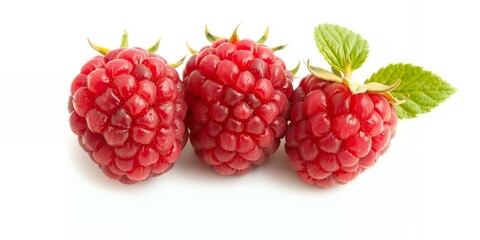 Fresh Red Raspberries with Green Leaves on White Background
