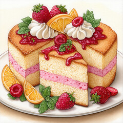 Delicious Layered Strawberry Raspberry Cake with Whipped Cream
