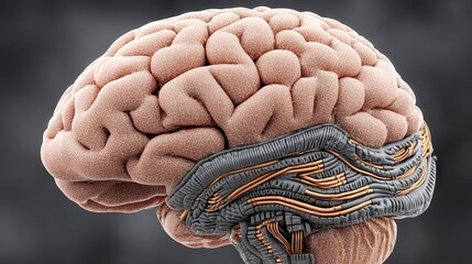 Detailed 3D Render of Human Brain with Integrated Circuitry Neural Interface