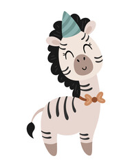 Cute zebra clipart, isolated Birthday character. Jungle, safari, tropical animal hand drawn vector illustration in flat style for greeting card, invitation, education, prints